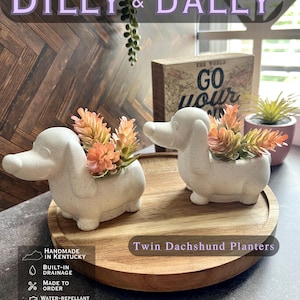 Dilly & Dally / Macetas gemelas con forma de perro salchicha / Macetas suculentas hechas a mano con piedra Jesmonite