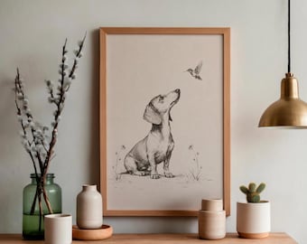 Dachshund & Hummingbird Art Print | Vintage Style Wiener Dog Wall Decor | Neutral Cottagecore Dog Lover Gift | Minimalist Dachshund Artwork