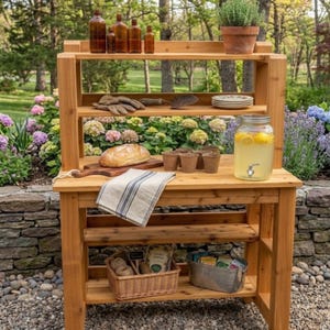 Ławka ogrodowa Cedar Garden – plany stolarskie, stół warsztatowy DIY do ogrodu, pobieranie plików PDF, rustykalna stacja ogrodowa w stylu wiejskim