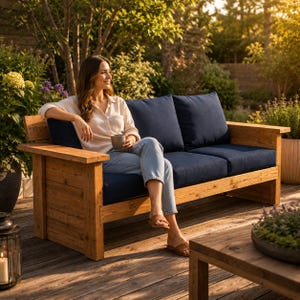 May include: A rustic wooden outdoor sofa featuring a sturdy frame with a natural finish and thick, deep navy blue cushions. The sofa has wide armrests and a slatted back design, providing a structured seating area for an outdoor space.