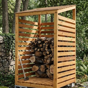 Vedskjulet Hearthside – Träbearbetningsplaner, DIY-vedförvaringsställ, PDF digital nedladdning, Rustikt lantligt utomhusvedförråd