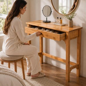 May include: A light brown wooden vanity table with a single pull-out drawer containing small compartments. The table features four straight legs and a rectangular top. On the surface sits a round tabletop mirror and a small vase with greenery.