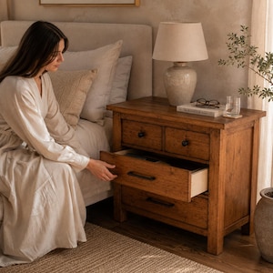 May include: A rustic wooden nightstand featuring two small top drawers with round black knobs and two larger bottom drawers with horizontal black bar handles. The nightstand is topped with a ceramic lamp, a book, and eyeglasses.
