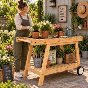 May include: A wooden potting bench on wheels featuring a top work surface and a lower storage shelf. The bench holds terracotta pots with flowers, a metal watering can, a metal bucket labelled Garden Tools, and a bag of organic potting soil.