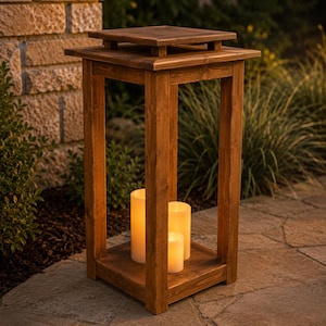 Puede incluir: Un farol de madera cuadrado y alto con un acabado teñido en marrón oscuro, que presenta un diseño superior escalonado y cuatro postes de soporte verticales. Dentro del marco abierto, tres velas cilíndricas a pilas emiten una luz amarilla cálida.