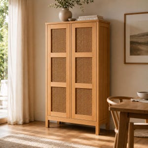 Puede incluir: Un armario alto y rectangular de madera clara con dos puertas, cada una con tres paneles verticales incrustados con un patrón de malla de caña tejida. El armario se apoya sobre cuatro patas cortas y tiene un acabado natural y suave.