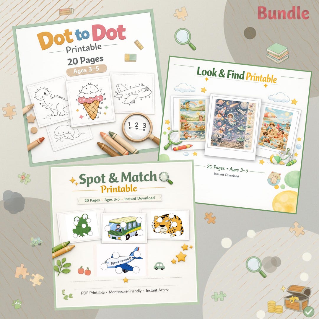Kids Activity Bundle Printable, Dot to Dot, Spot and Match, Look and ...