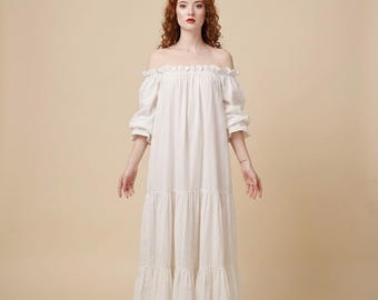 レディース リネン マキシ丈 長袖 ナイトガウン、プラスサイズ ラウンジウェア コテージコア スリープドレス