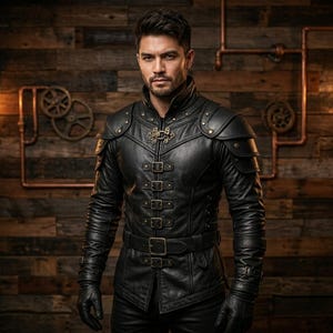 Pode incluir: Uma jaqueta de couro preta com gola alta, ombreiras e várias fivelas. A jaqueta tem uma estética steampunk, com um fecho decorativo no decote. A pessoa está usando luvas e calças pretas. O fundo é uma parede de madeira com engrenagens e tubos de cobre.