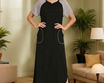 Camisola maxi de algodão com bolsos, modelagem solta, para mulheres.