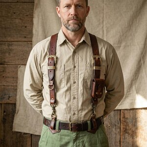 Tirantes de cuero hechos a mano para hombre, tirantes ajustables de color marrón, tirantes resistentes para trajes de boda, disponibles en anchos de 1, 1.5 y 2 pulgadas.