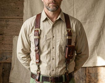 Handmade Leather Suspenders for Men, Brown Adjustable Work Braces, Heavy Duty Wedding Outfit Straps, Available in 1, 1.5, and 2 inch Wide