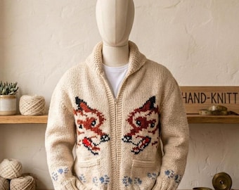 Canadian Style Wolf Cardigan Sweater Hand Knit Wool Men's Zip Sweater