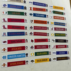May include: Rectangular stickers with player names and team logos. Each sticker features a player's headshot, team logo, and name. The stickers are arranged in rows, with various college football teams represented.