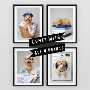 Dog Laundry Portraits Set of 4 – Custom Pet Prints in Washer & Ironing – Personalized Laundry Room Digital Wall Art