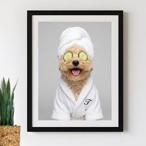 Custom Dog Bathroom Portrait - Funny Dog in White Spa Robe With Cucumbers and Embroidered Initial Prints