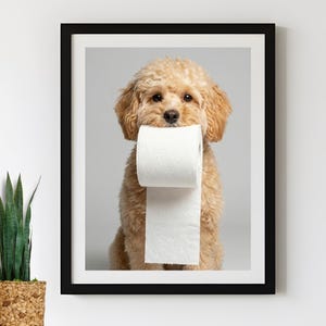 Custom Dog Bathroom Portrait - Funny Dog With Toilet Paper Roll in His Mouth - Personalized Pet Prints