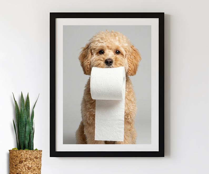 Custom Dog Bathroom Portrait - Funny Dog With Toilet Paper Roll in His Mouth - Personalized Pet Prints
