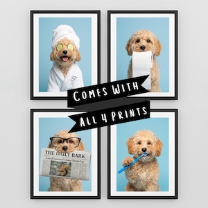 Custom Dog Bathroom Portraits (Set of 4) – Funny Pet Spa Art Prints, Personalized Dog in Bathrobe, Newspaper, Toothbrush - Digital Downloads With Light Blue Background