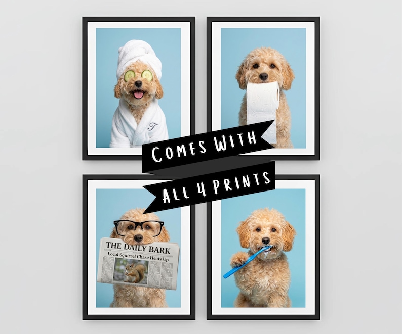 Custom Dog Bathroom Portraits (Set of 4) – Funny Pet Spa Art Prints, Personalized Dog in Bathrobe, Newspaper, Toothbrush - Digital Downloads With Light Blue Background