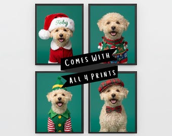 Custom Dog Christmas Portrait Set (4)  – Funny Pet Portraits from Photo – Santa, Elf & Ugly Sweater Digital Download