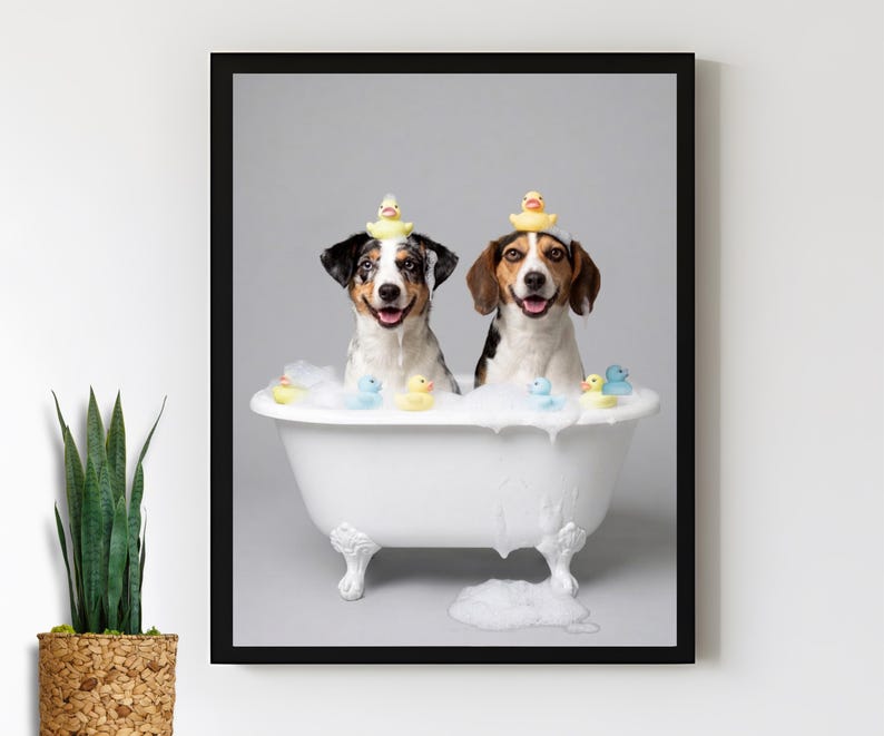 2 dogs in a bath tub - funny dog bathroom print