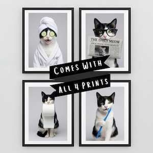Aangepaste kattenportretten voor badkamer (4) - Cat Spa-afdrukken in badjas, toilet en bad – Funny kitten fotomuurkunst – digitale downloads