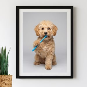 Custom Dog Bathroom Portrait - Funny Dog Brushing His Teeth With Toothbrush - Personalized Pet Print