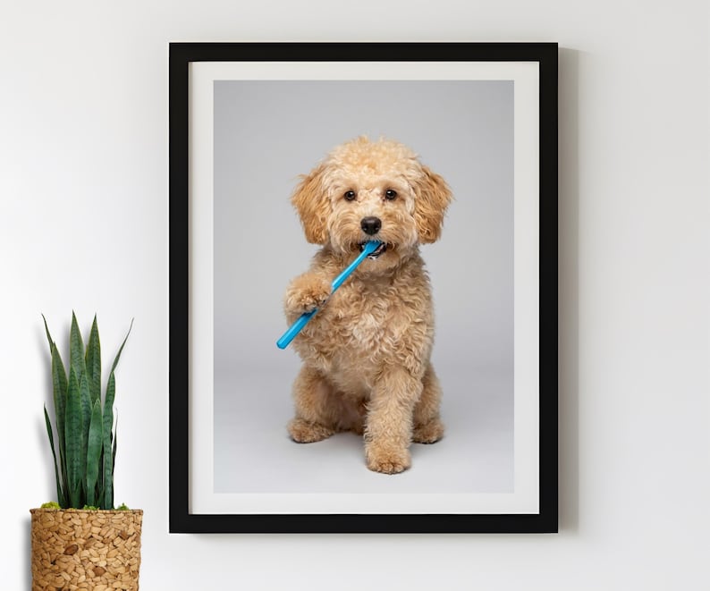 Custom Dog Bathroom Portrait - Funny Dog Brushing His Teeth With Toothbrush - Personalized Pet Print