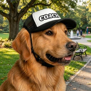 Peut inclure: Un Golden Retriever porte une casquette de camionneur noire et blanche avec le mot "COACH" en lettres noires en gras. Le chien est dans un cadre de parc avec un sentier pav&eacute;, des bancs et une aire de jeux en arri&egrave;re-plan.