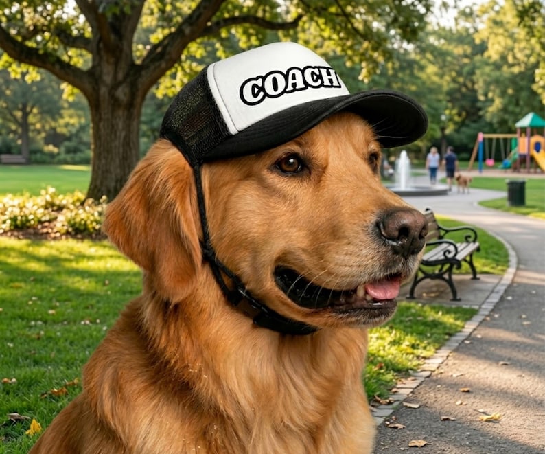 Peut inclure: Un Golden Retriever porte une casquette de camionneur noire et blanche avec le mot "COACH" en lettres noires en gras. Le chien est dans un cadre de parc avec un sentier pav&eacute;, des bancs et une aire de jeux en arri&egrave;re-plan.