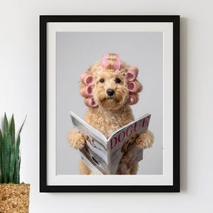 Custom Bathroom Pet Portrait Fashion Magazine and Pink Hair Rollers