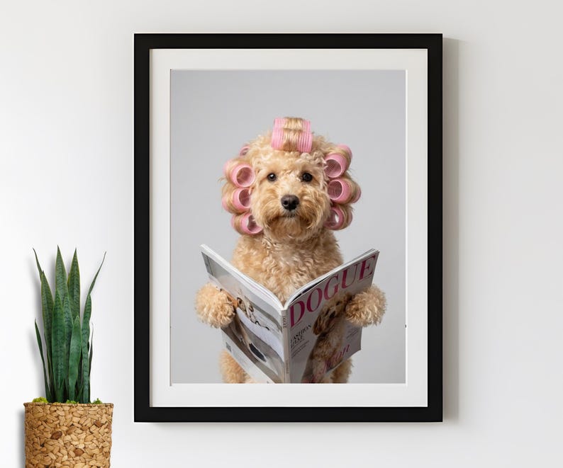 Custom Bathroom Pet Portrait Fashion Magazine and Pink Hair Rollers