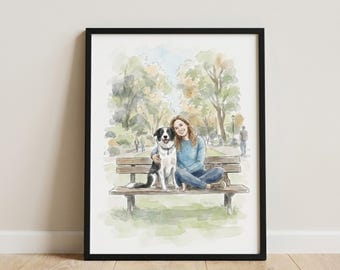 Custom Dog & Mom Portrait – Personalized Pup Lover Watercolor Art from Photo – Dog Owner Gift