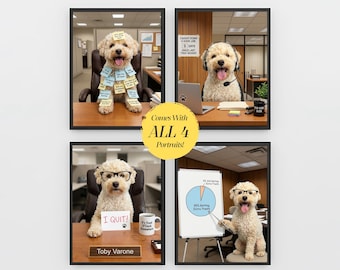May include: A set of four framed wall art prints featuring a light-colored curly-haired dog in an office setting. The images show the dog with sticky notes, wearing a headset, holding an I QUIT sign, and presenting a pie chart about treats.