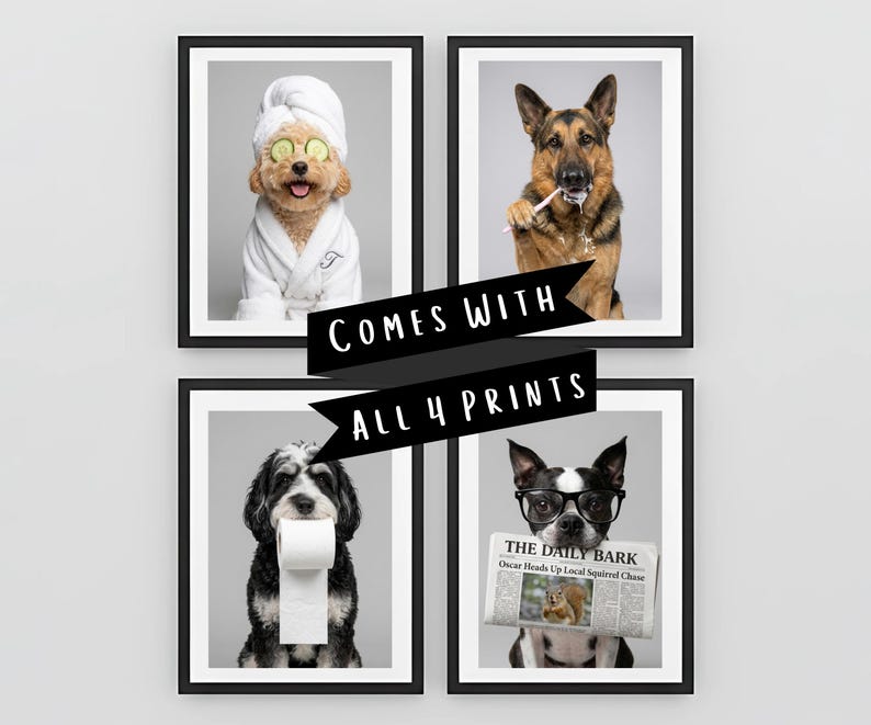 Dog Bathroom Prints - Funny Custom Dog Portraits For Bathroom - Cute Puppy Wall Art with Spa Theme