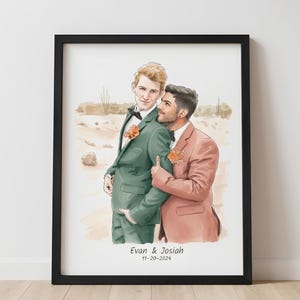 Custom Gay Wedding Portrait – Same Sex Couple Watercolor Illustration from Photo – LGBTQ Marriage Gift - Hand Drawn Print