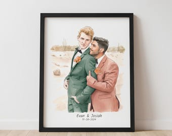 Retrato personalizado de boda gay – Ilustración en acuarela de pareja del mismo sexo a partir de una foto – Regalo de boda LGBTQ – Impresión dibujada a mano