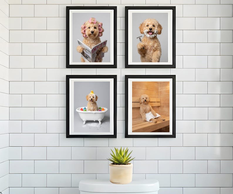 Custom Bathroom Pet Portrait Set of 4 - Funny Pet Wall Art Prints - Your Real Pet Digital Download