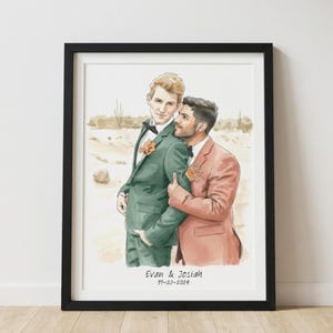 Custom Gay Wedding Portrait – Same Sex Couple Watercolor Illustration from Photo – LGBTQ Marriage Gift - Hand Drawn Print