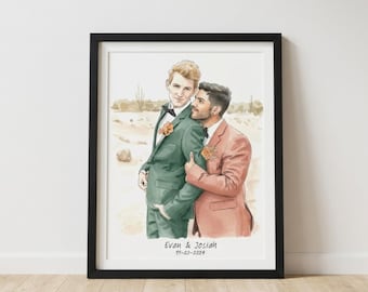 Retrato personalizado de boda gay – Ilustración en acuarela de pareja del mismo sexo a partir de una foto – Regalo de boda LGBTQ – Impresión dibujada a mano
