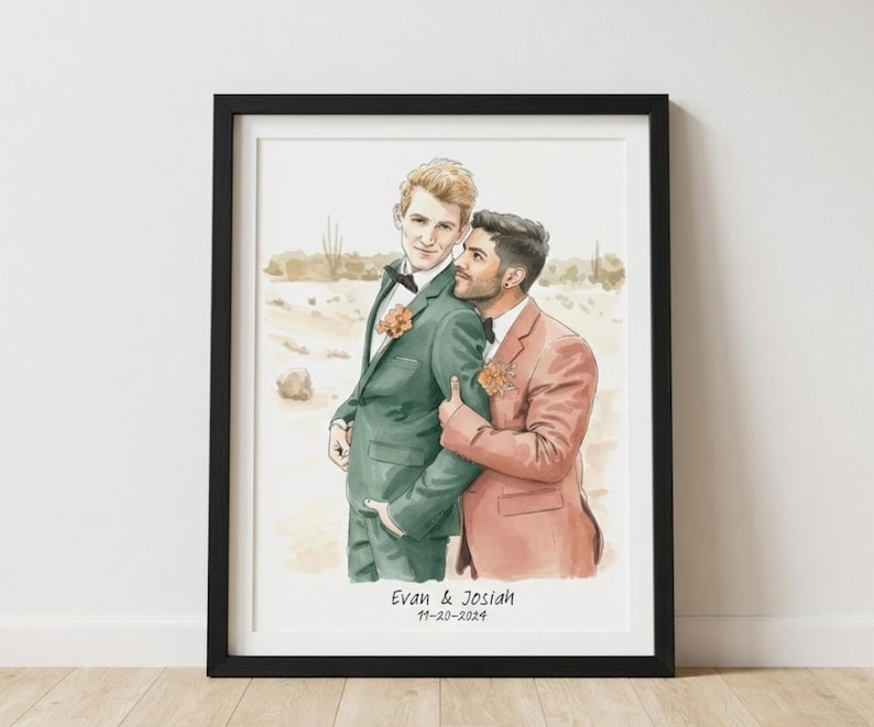 Custom Gay Wedding Portrait – Same Sex Couple Watercolor Illustration from Photo – LGBTQ Marriage Gift - Hand Drawn Print