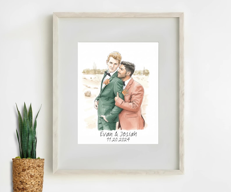 Custom Gay Couple Wedding Portrait – Same Sex Wedding Watercolor Illustration from Photo, LGBTQ Marriage Gift, Hand Drawn Mr & Mr, Mrs / Mrs