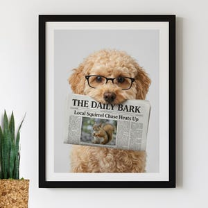 Custom Dog Bathroom Portrait  - Funny Dog With Eyeglasses and Newspaper in Its Mouth