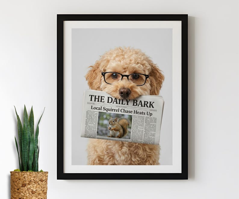 Custom Dog Bathroom Portrait  - Funny Dog With Eyeglasses and Newspaper in Its Mouth