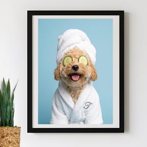 Light Blue Dog Bathroom Custom Wall Art in Robe