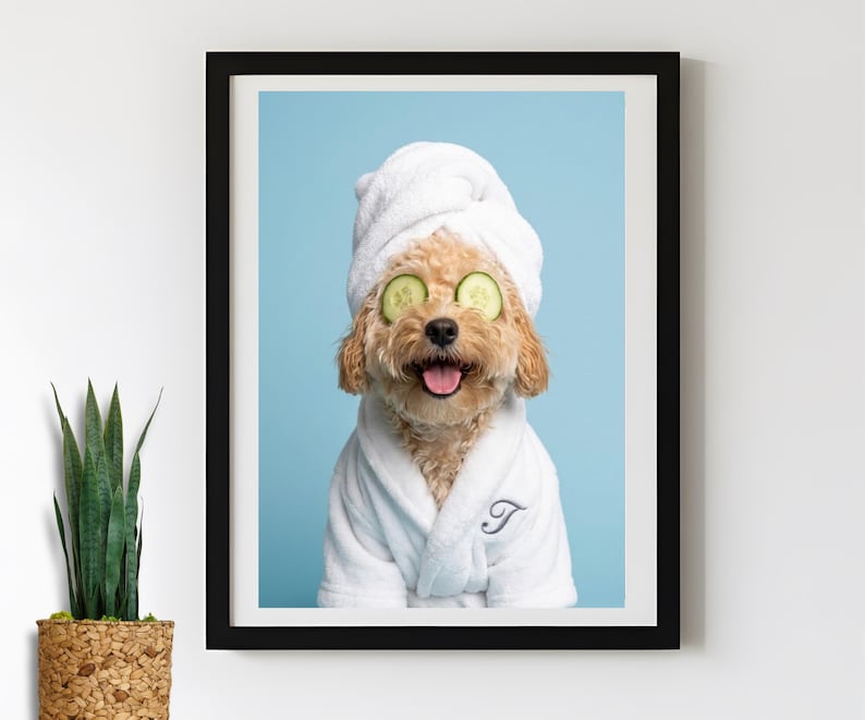 Light Blue Dog Bathroom Custom Wall Art in Robe