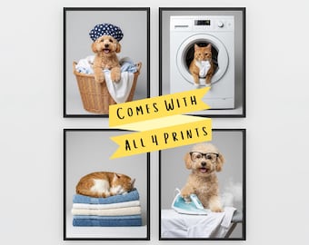 Custom Laundry Pet Portrait Set of 4 - Funny Pet Wall Art Prints For Laundry Room - Your Real Pet Digital Download
