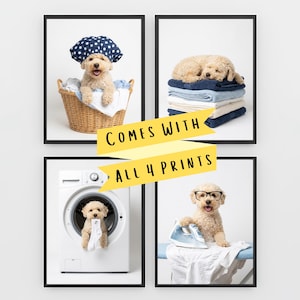 May include: A set of four framed wall art prints featuring a light-colored poodle in various laundry-themed scenes. The images show the dog in a wicker basket, on a stack of towels, inside a washing machine, and ironing. Text reads: COMES WITH ALL 4 PRINTS.