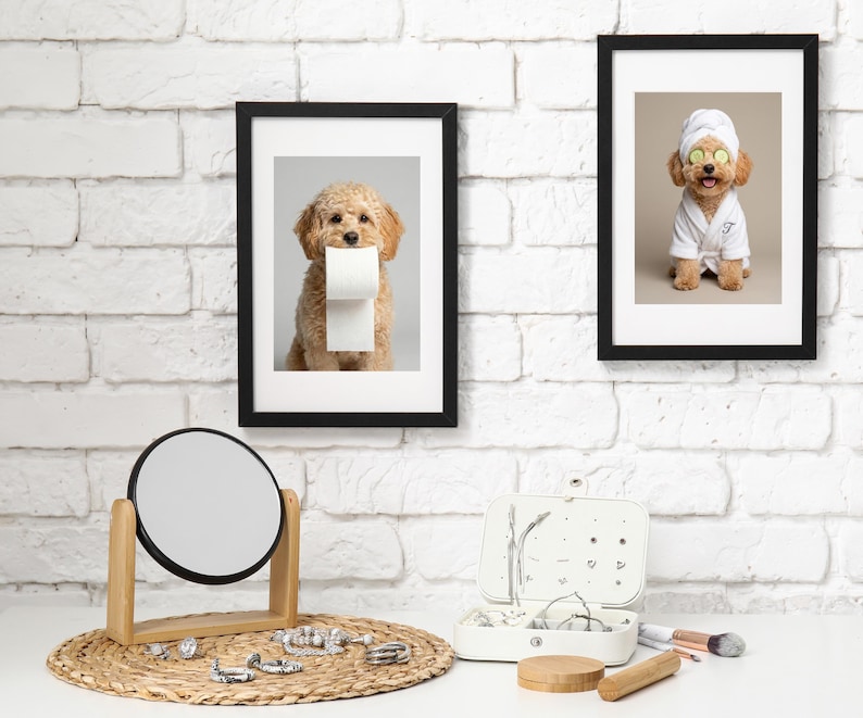 Custom Bathroom Pet Portrait Set of 4 - Funny Pet Wall Art Prints - Your Real Pet Digital Download